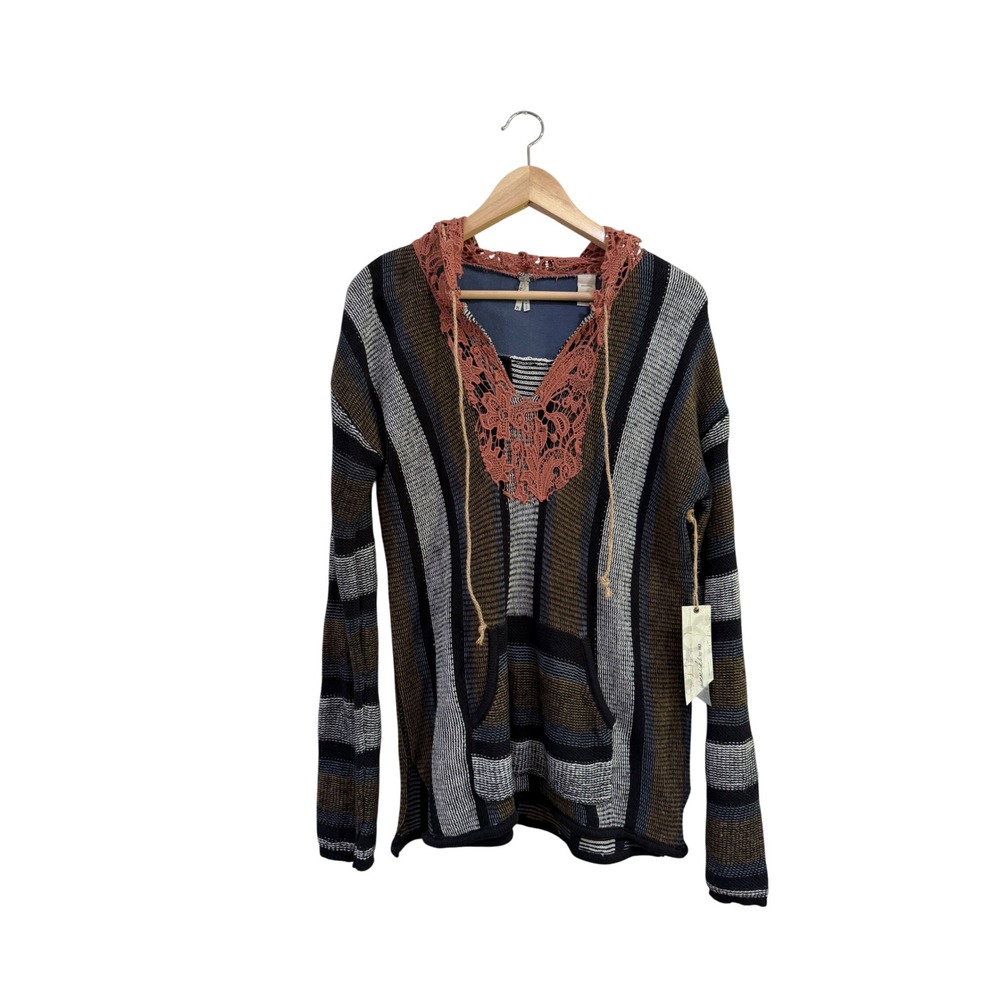 Gimmicks by BKE Womens Medium Striped Boho Crochet Lace Hood Sweater Pullover
